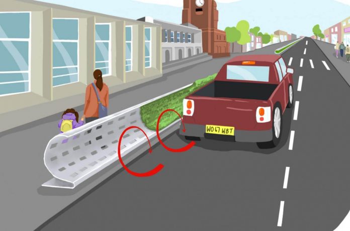 The curved barriers deflect pollution away from pedestrians and back onto the road